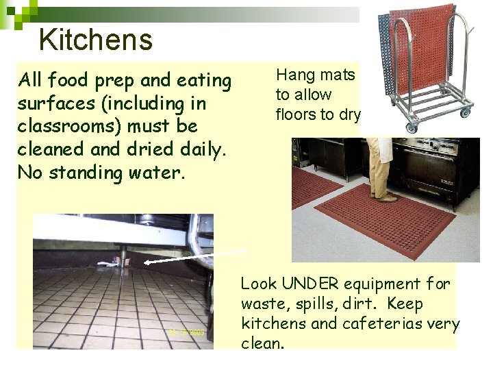 Kitchens All food prep and eating surfaces (including in classrooms) must be cleaned and
