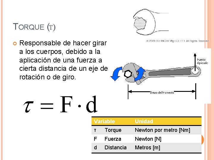 TORQUE (Τ) Responsable de hacer girar a los cuerpos, debido a la aplicación de