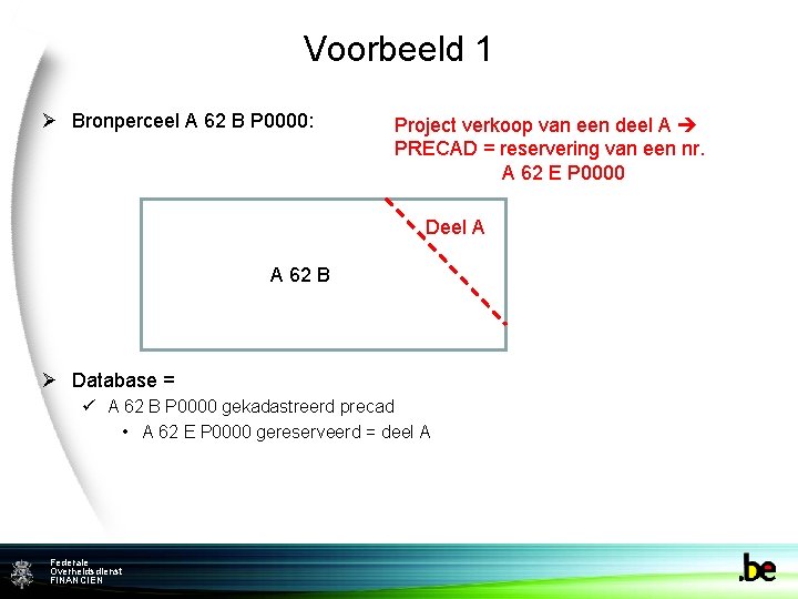 Voorbeeld 1 Ø Bronperceel A 62 B P 0000: Project verkoop van een deel