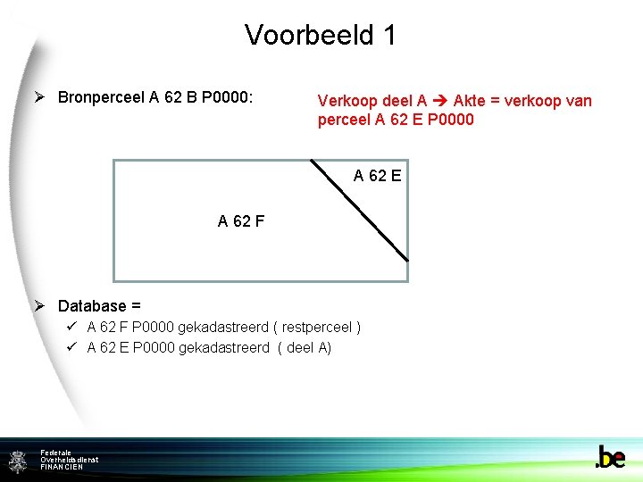 Voorbeeld 1 Ø Bronperceel A 62 B P 0000: Verkoop deel A Akte =