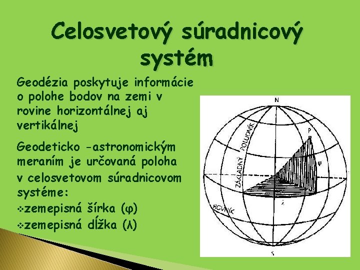 Celosvetový súradnicový systém Geodézia poskytuje informácie o polohe bodov na zemi v rovine horizontálnej