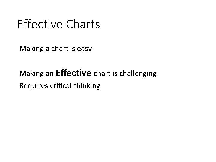 Effective Charts Making a chart is easy Making an Effective chart is challenging Requires