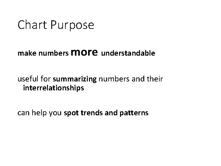 Chart Purpose make numbers more understandable useful for summarizing numbers and their interrelationships can