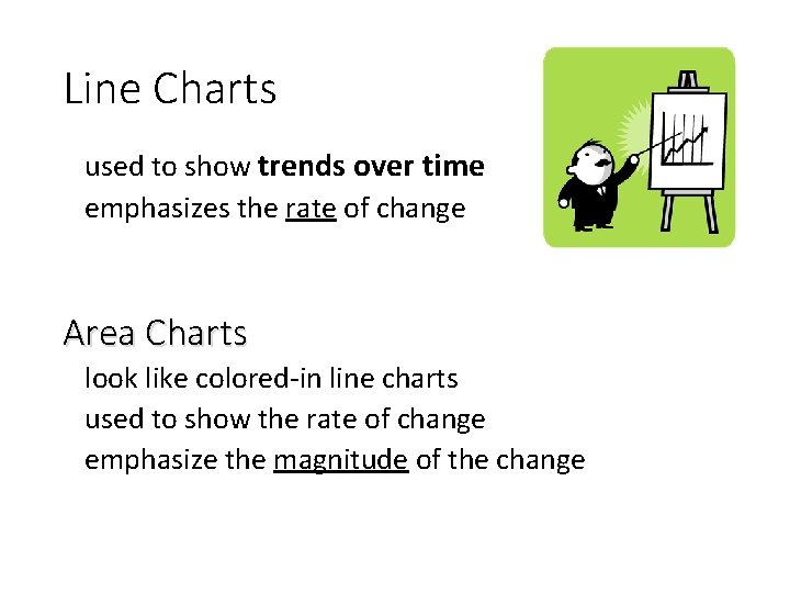 Line Charts used to show trends over time emphasizes the rate of change Area