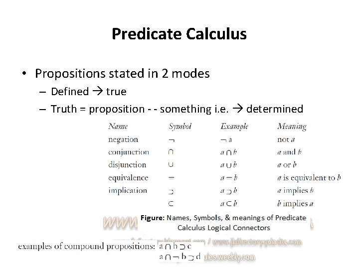 Predicate Calculus • Propositions stated in 2 modes – Defined true – Truth =