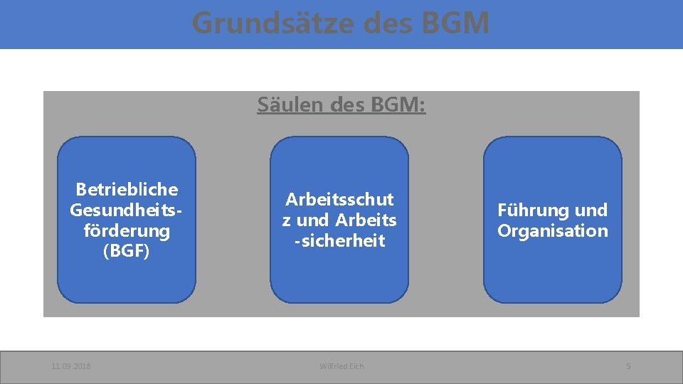 Grundsätze des BGM Säulen des BGM: Betriebliche Gesundheitsförderung (BGF) 11. 09. 2018 Arbeitsschut z