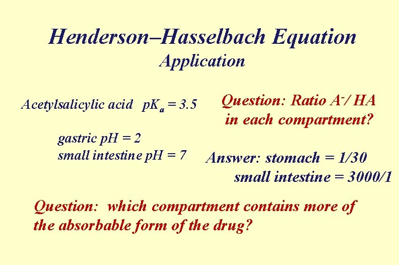 Henderson–Hasselbach Equation Application Acetylsalicylic acid p. Ka = 3. 5 gastric p. H =