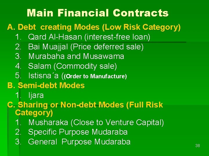 Main Financial Contracts A. Debt creating Modes (Low Risk Category) 1. Qard Al-Hasan (interest-free