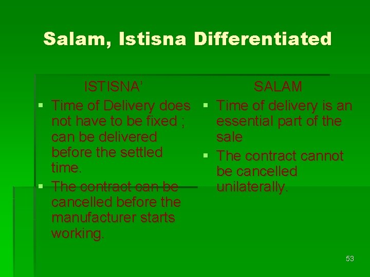 Salam, Istisna Differentiated ISTISNA’ SALAM § Time of Delivery does § Time of delivery