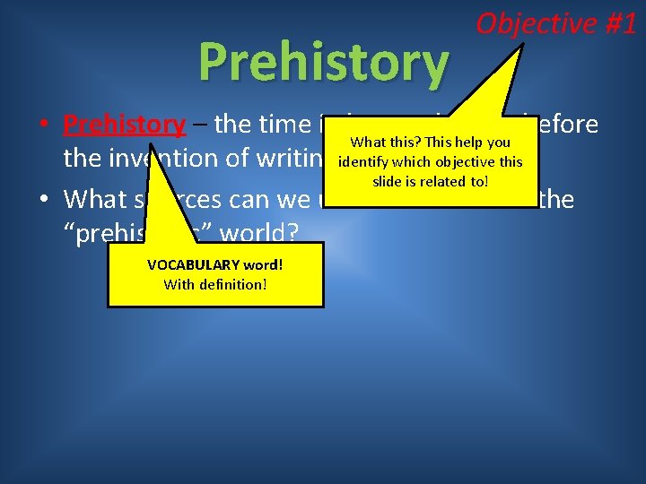 Prehistory Objective #1 • Prehistory – the time in human history before What this?
