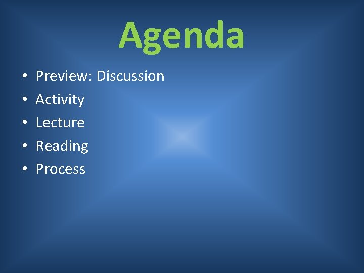 Agenda • • • Preview: Discussion Activity Lecture Reading Process 