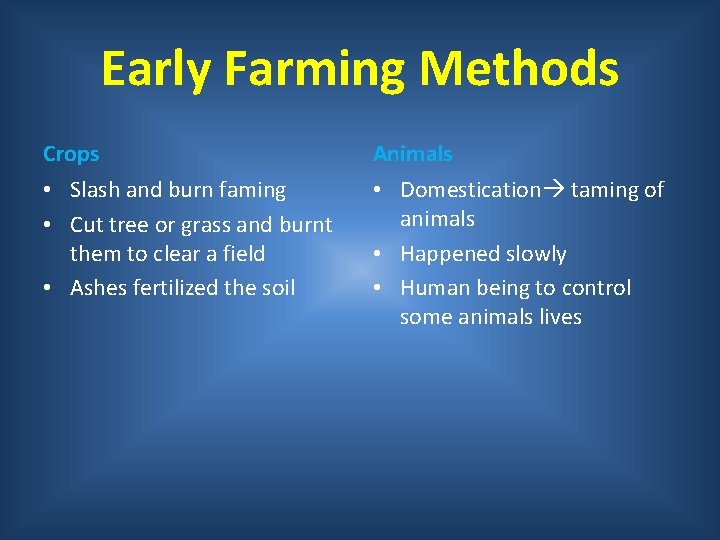 Early Farming Methods Crops Animals • Slash and burn faming • Cut tree or