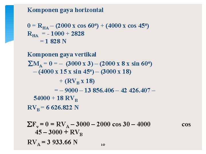 Komponen gaya horizontal 0 = RHA – (2000 x cos 60 o) + (4000