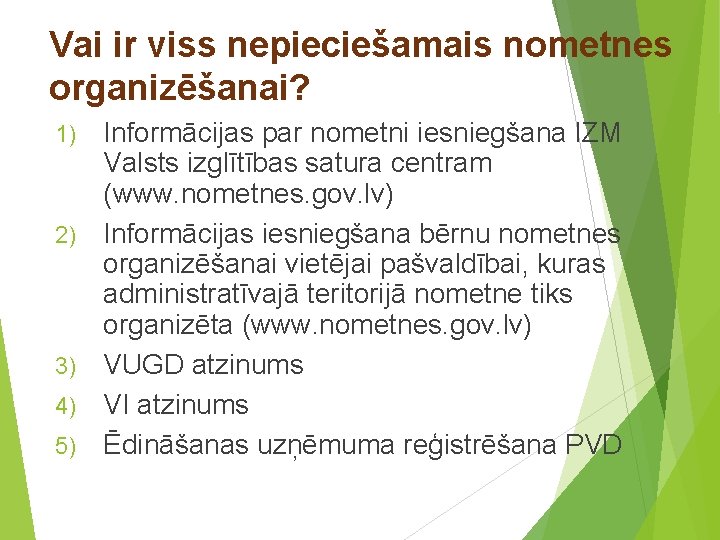 Vai ir viss nepieciešamais nometnes organizēšanai? 1) 2) 3) 4) 5) Informācijas par nometni