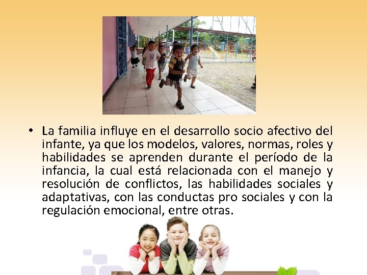  • La familia influye en el desarrollo socio afectivo del infante, ya que