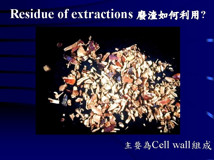 Residue of extractions 廢渣如何利用? 主要為Cell wall組成 