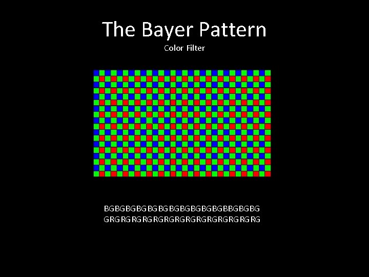 The Bayer Pattern Color Filter BGBGBGBGBGBGBBGBGBG GRGRGRGRGRGRGRG 