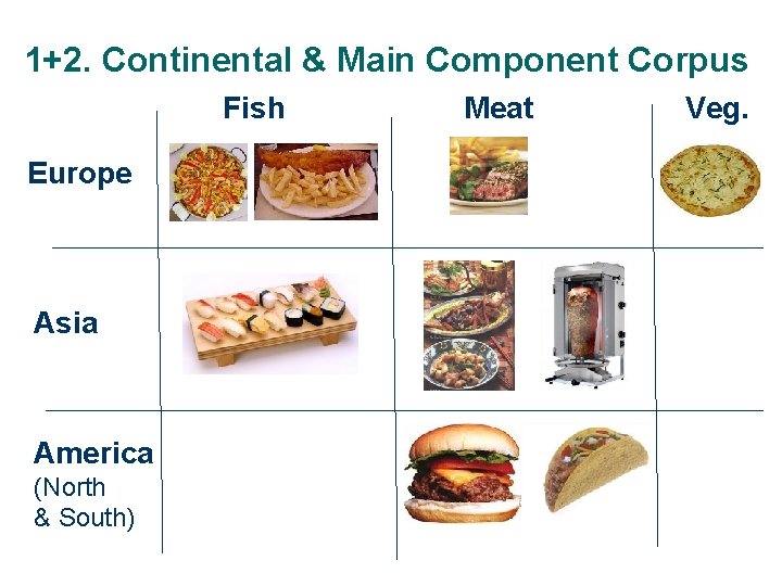 1+2. Continental & Main Component Corpus Fish Europe Asia America (North & South) Meat