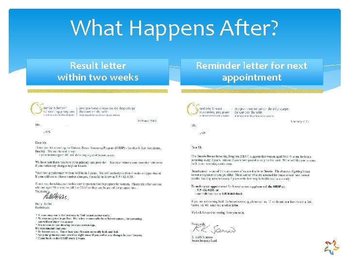 What Happens After? Result letter within two weeks Reminder letter for next appointment 