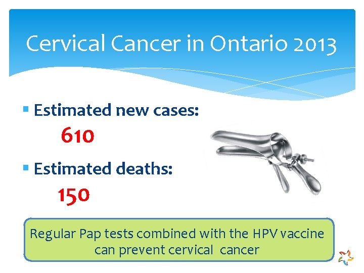 Cervical Cancer in Ontario 2013 § Estimated new cases: 610 § Estimated deaths: 150