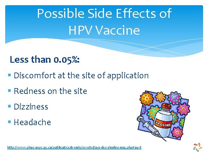 Possible Side Effects of HPV Vaccine Less than 0. 05%: § Discomfort at the