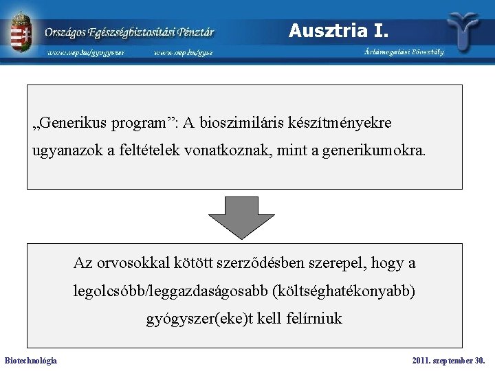 Ausztria I. „Generikus program”: A bioszimiláris készítményekre ugyanazok a feltételek vonatkoznak, mint a generikumokra.