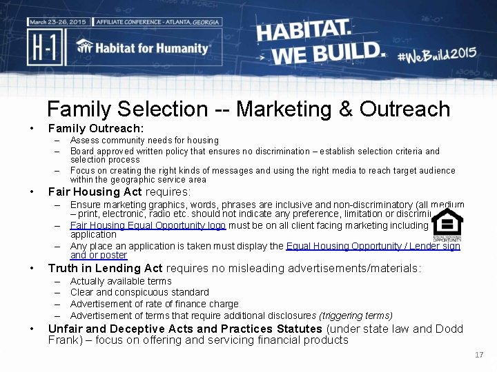  • Family Selection -- Marketing & Outreach Family Outreach: – – – •