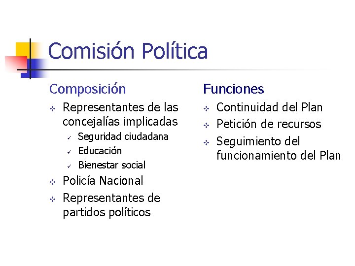 Comisión Política Composición v Representantes de las concejalías implicadas ü ü ü v v