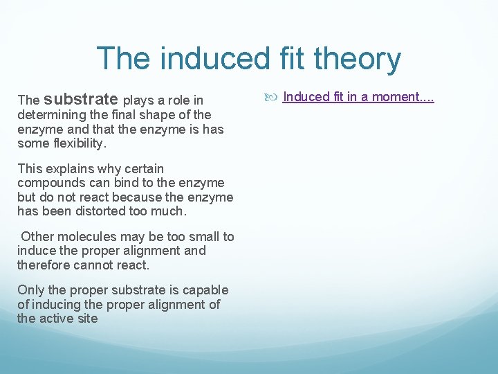 The induced fit theory The substrate plays a role in determining the final shape