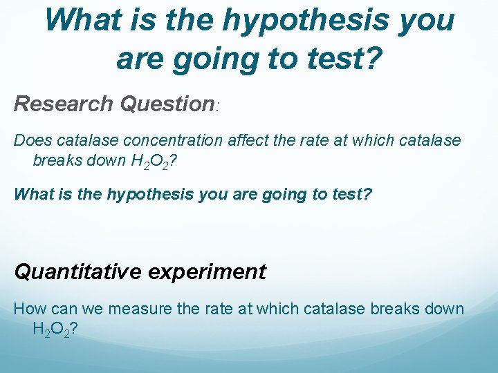 What is the hypothesis you are going to test? Research Question: Does catalase concentration