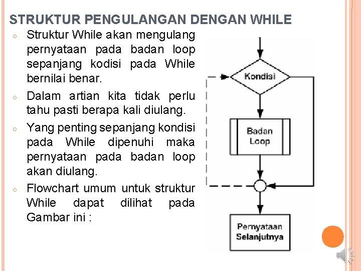 STRUKTUR PENGULANGAN DENGAN WHILE ○ ○ Struktur While akan mengulang pernyataan pada badan loop STRUKTUR PENGULANGAN DENGAN WHILE ○ ○ Struktur While akan mengulang pernyataan pada badan loop