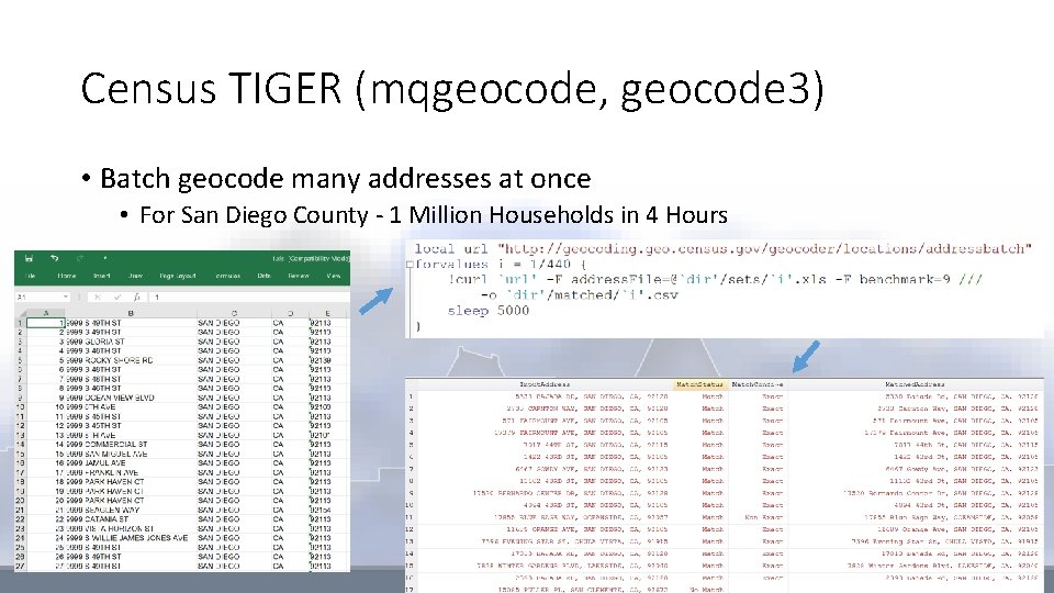 Census TIGER (mqgeocode, geocode 3) • Batch geocode many addresses at once • For