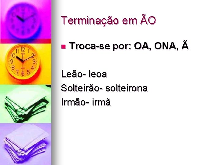 Terminação em ÃO n Troca-se por: OA, ONA, Ã Leão- leoa Solteirão- solteirona Irmão-