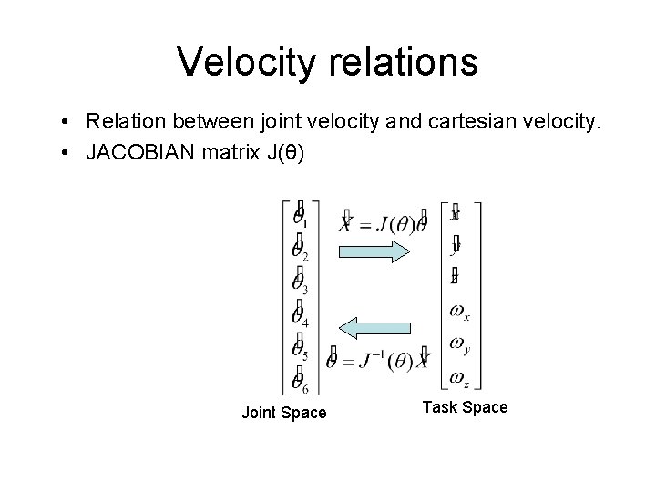 Velocity relations • Relation between joint velocity and cartesian velocity. • JACOBIAN matrix J(θ) Velocity relations • Relation between joint velocity and cartesian velocity. • JACOBIAN matrix J(θ)