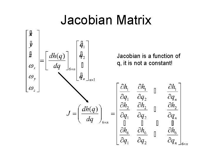 Jacobian Matrix Jacobian is a function of q, it is not a constant! 