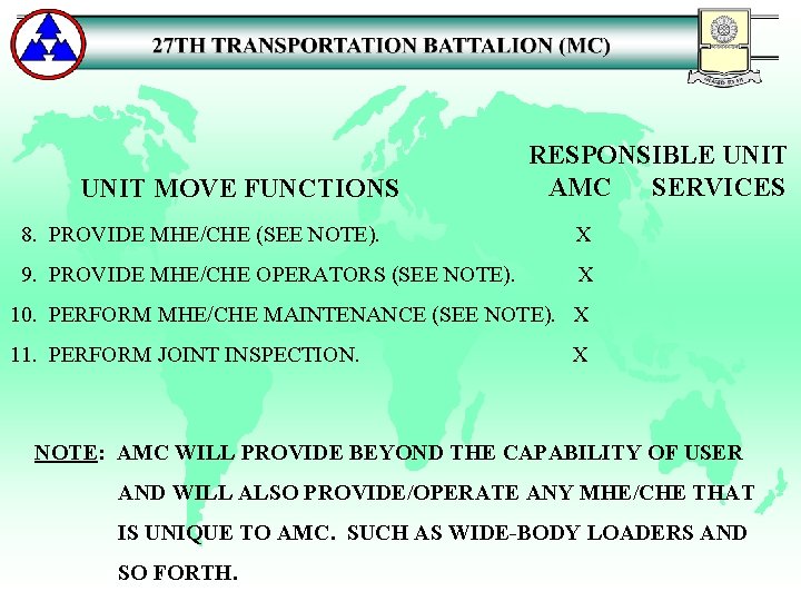 UNIT MOVE FUNCTIONS RESPONSIBLE UNIT AMC SERVICES 8. PROVIDE MHE/CHE (SEE NOTE). X 9.
