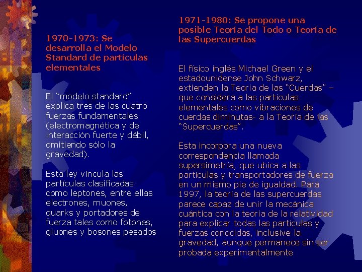 1970 -1973: Se desarrolla el Modelo Standard de partículas elementales El “modelo standard” explica