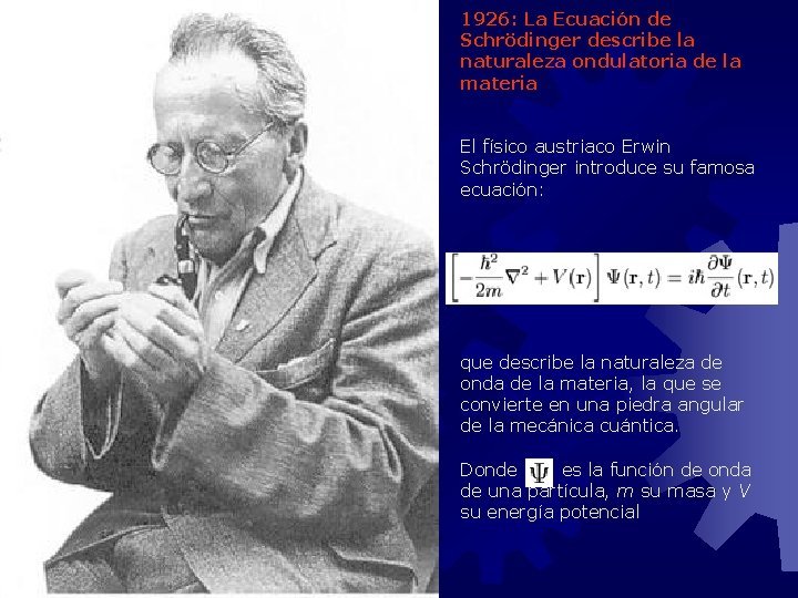 1926: La Ecuación de Schrödinger describe la naturaleza ondulatoria de la materia El físico