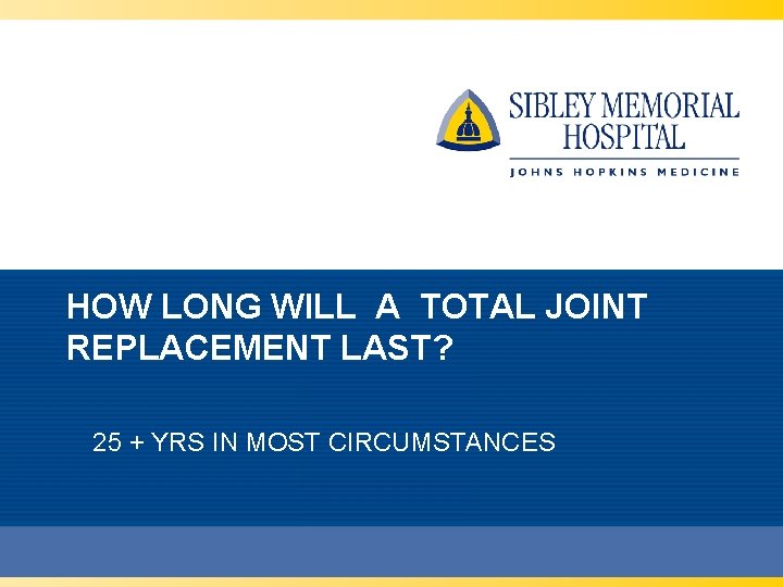 HOW LONG WILL A TOTAL JOINT REPLACEMENT LAST? 25 + YRS IN MOST CIRCUMSTANCES