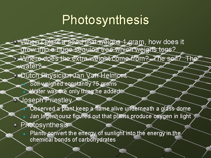 Photosynthesis When I plant a seed that weighs 1 gram, how does it grow