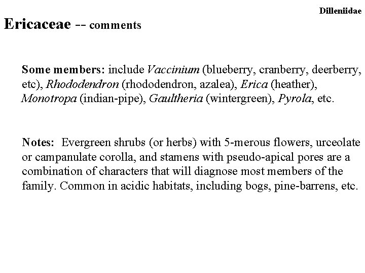 Ericaceae -- comments Dilleniidae Some members: include Vaccinium (blueberry, cranberry, deerberry, etc), Rhododendron (rhododendron,