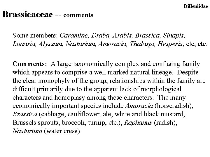 Brassicaceae -- comments Dilleniidae Some members: Caramine, Draba, Arabis, Brassica, Sinapis, Lunaria, Alyssum, Nasturium,