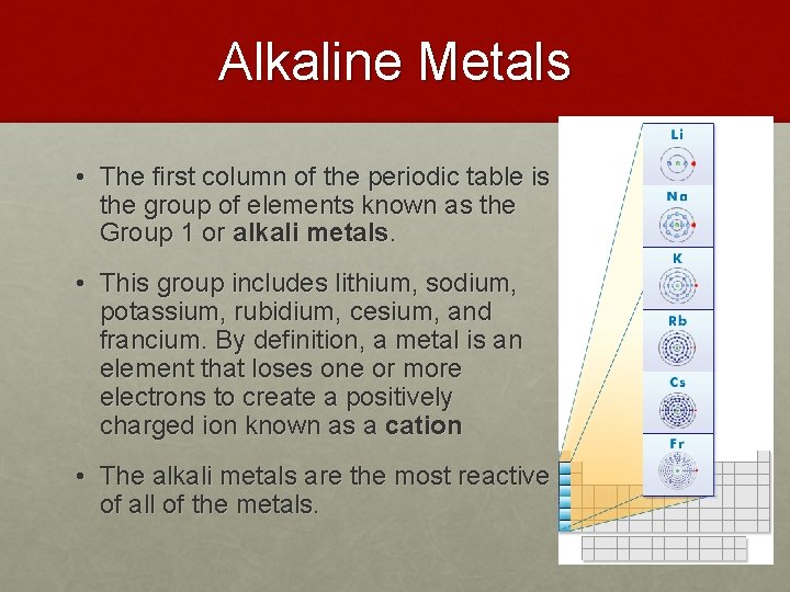 Alkaline Metals • The first column of the periodic table is the group of