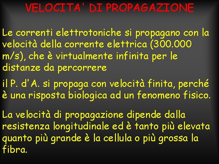 VELOCITA' DI PROPAGAZIONE Le correnti elettrotoniche si propagano con la velocità della corrente elettrica