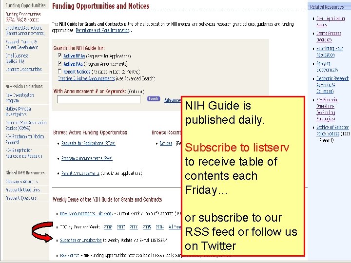 NIH Guide is published daily. Subscribe to listserv to receive table of contents each