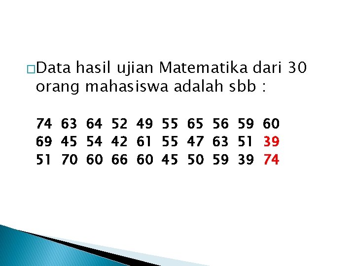 �Data hasil ujian Matematika dari 30 orang mahasiswa adalah sbb : 74 63 64
