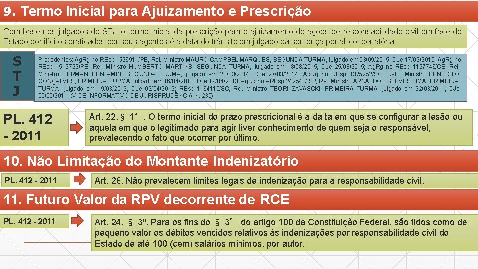 9. Termo Inicial para Ajuizamento e Prescrição Com base nos julgados do STJ, o