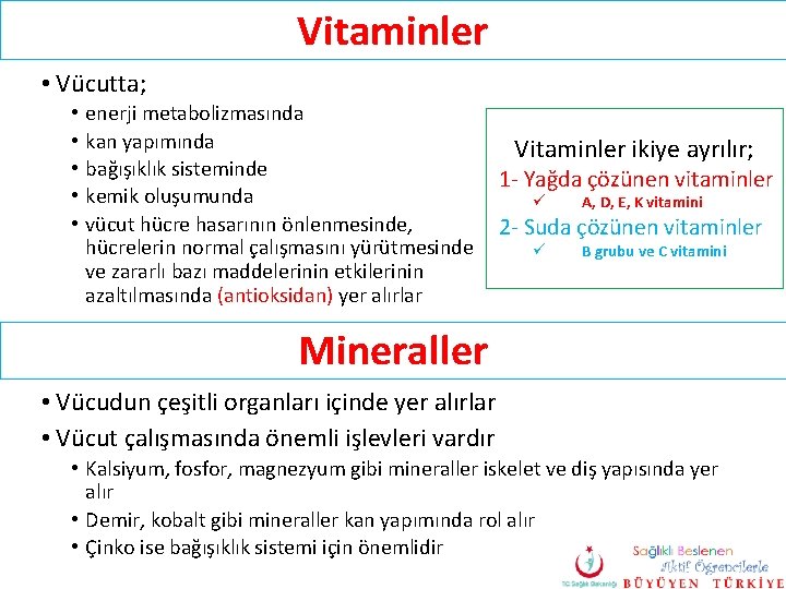 Vitaminler • Vücutta; • • • enerji metabolizmasında kan yapımında bağışıklık sisteminde kemik oluşumunda