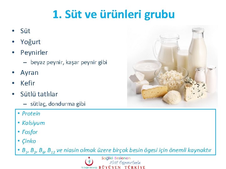 1. Süt ve ürünleri grubu • Süt • Yoğurt • Peynirler – beyaz peynir,