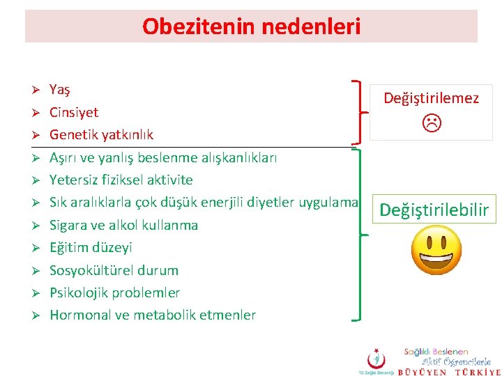 Obezitenin nedenleri Ø Ø Ø Yaş Cinsiyet Genetik yatkınlık Aşırı ve yanlış beslenme alışkanlıkları